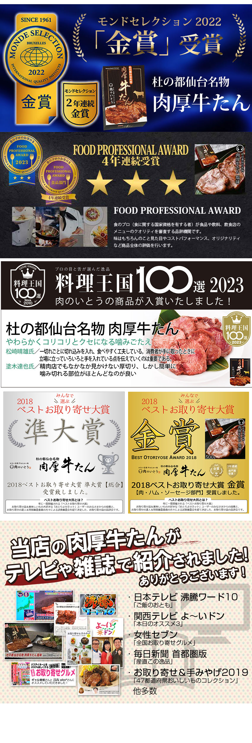 FOOD PROFESSHIONAL AWARD 料理王国100選 ベストお取り寄せ大賞 金賞 沸騰ワード10 よ～いドン 10万円でできるかな 女性セブン 毎日新聞 お取り寄せ＆手みやげ2019 おいしい肉の店