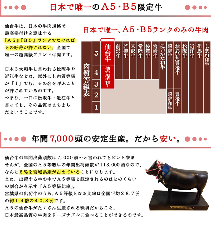 日本で唯一のA5・B5限定牛。年間7,000頭の安定生産。だから安い。